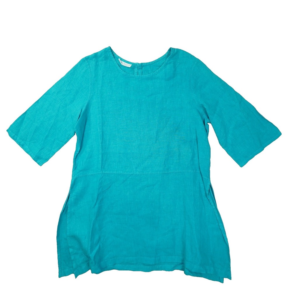Bryn Walker Short Sleeve Linen Tunic Shirt Women's Small Aqua Blue Side Slit